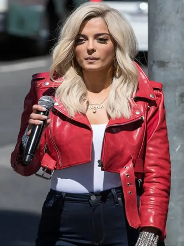 American Singer Bebe Rexha Red Leather Jacket
