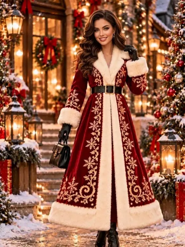 Christmas Embroidery Burgundy Opera CoatChristmas Embroidery Burgundy Opera Coat