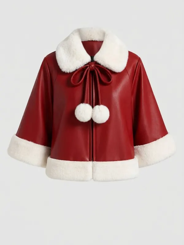 Christmas Festive Red Capelet Leather Jacket