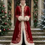 Christmas Gold Embroidery Red Fur Coat
