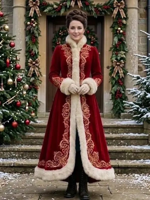 Christmas Gold Embroidery Red Fur Coat
