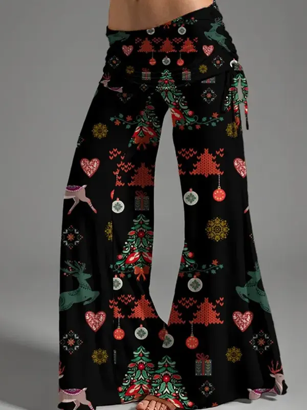 Christmas Print Wide Leg Lounge Black Pants
