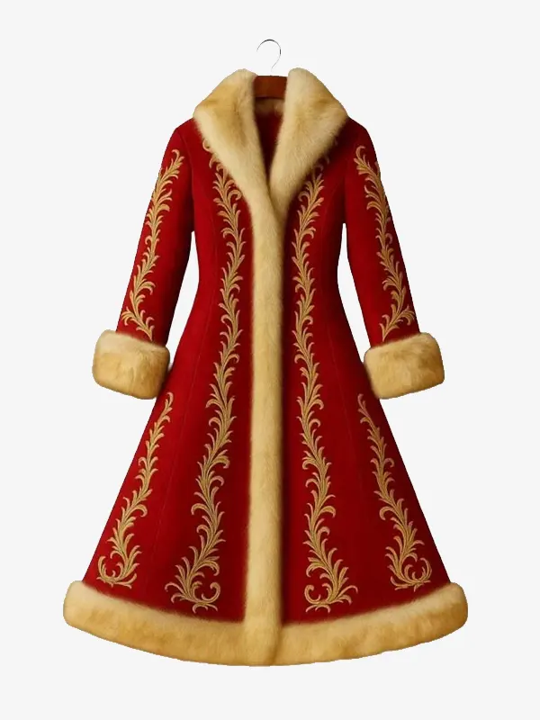 Christmas Red Gold Embroidery Fur Coat