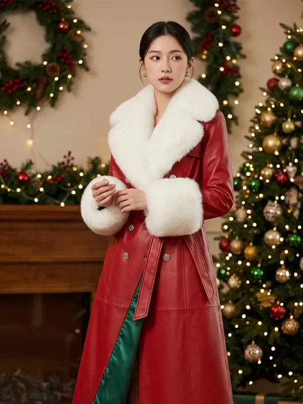 Christmas Red Leather Coat