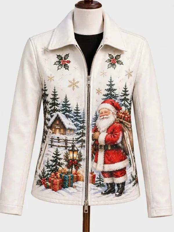 Christmas Santa Print White Jacket