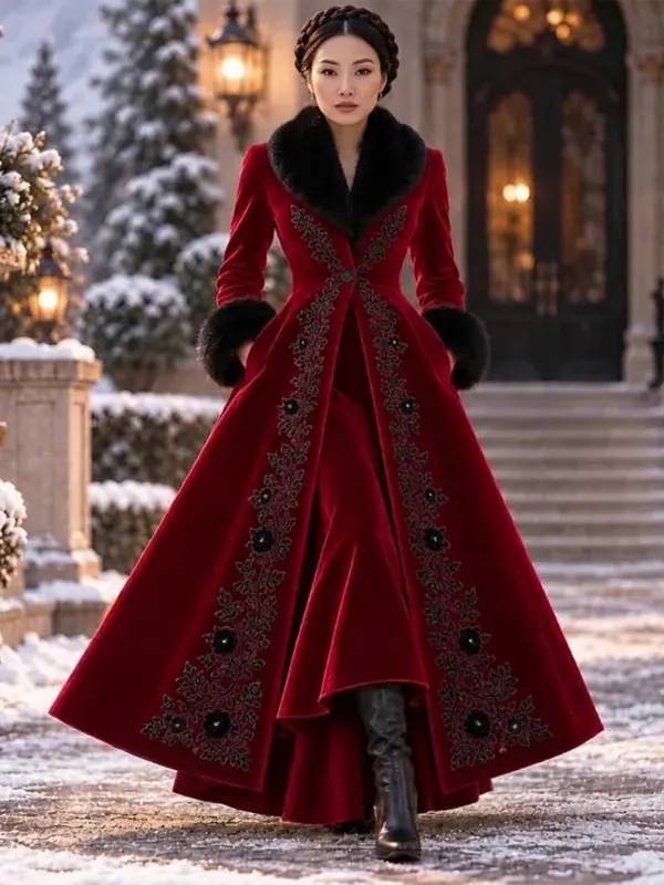 Christmas Victorian Embroidered Red Coat