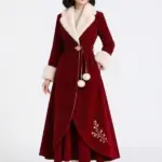 Elegant Christmas Red Velvet Maxi Coat