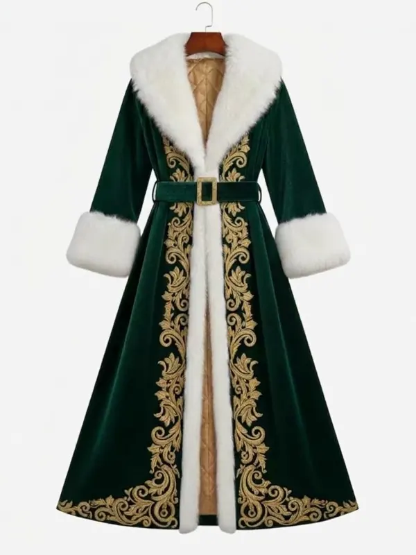 Emerald Gold Embroidered Velvet Fur Coat