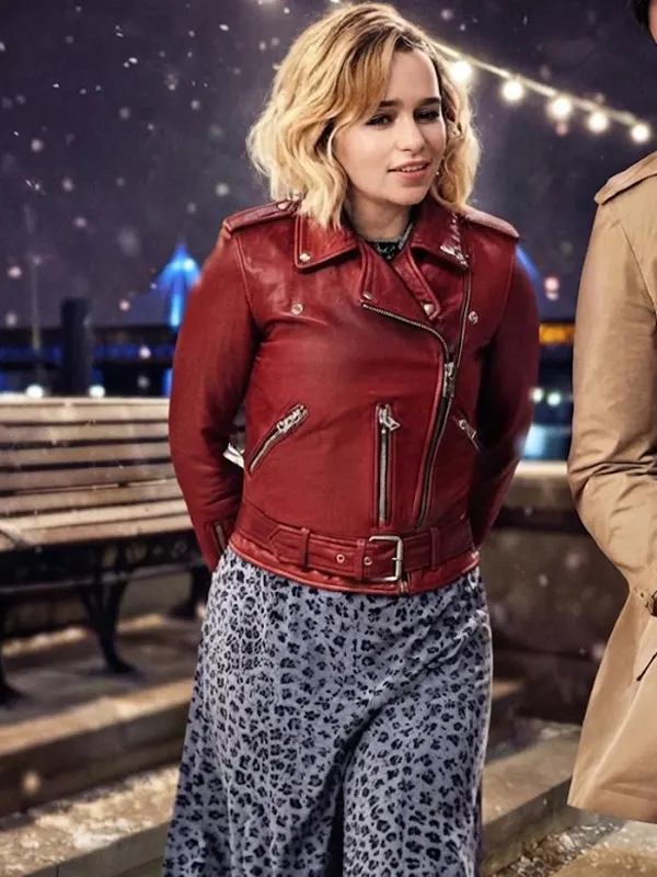 Emilia Clarke Christmas Leather Red Jacket