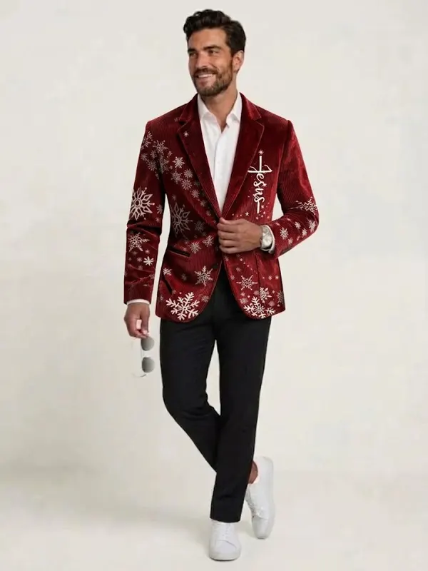 Mens Maroon Christmas Reindeer Print Red Blazer