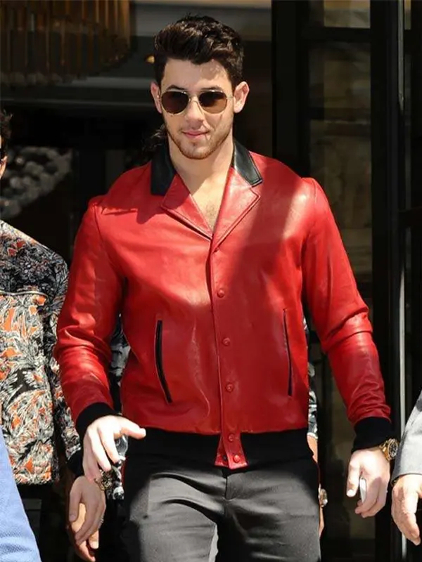 Nick Jonas Red leather Bomber Jacket