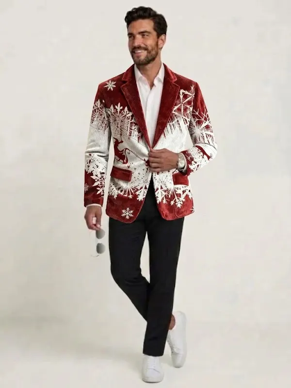Reindeer Sleigh Snowflake Print Blazer
