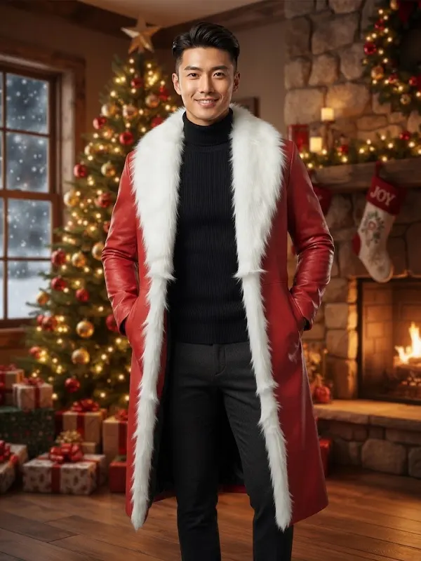 Men Red Santa Christmas Leather Coat