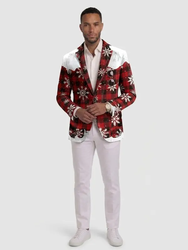 Mens Ugly Christmas Snowy Plaid Red Blazer