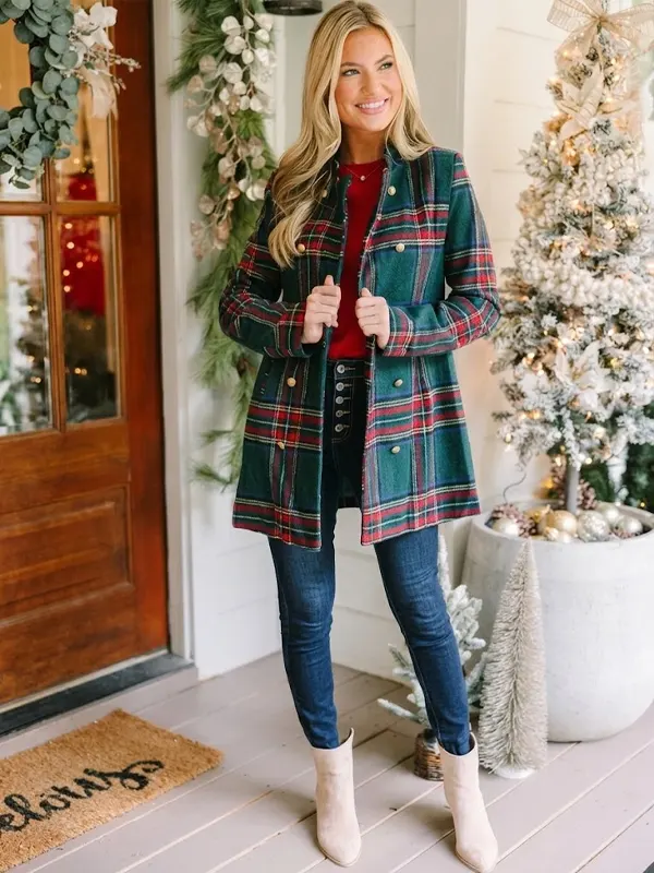 Women Christmas Plaid Green Coat
