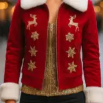 Women Gold Reindeer Suede Christmas Jacket