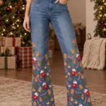Womens Christmas Print Wide Jeans