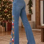 Womens Christmas Print Wide Leg Jeans