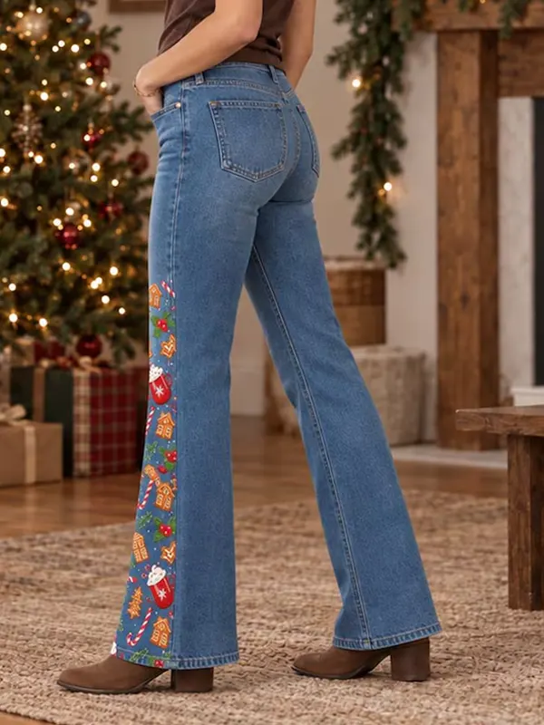 Womens Christmas Print Wide Leg Jeans
