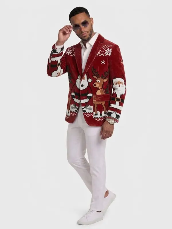 Men Red Santa Reindeer Corduroy Blazer