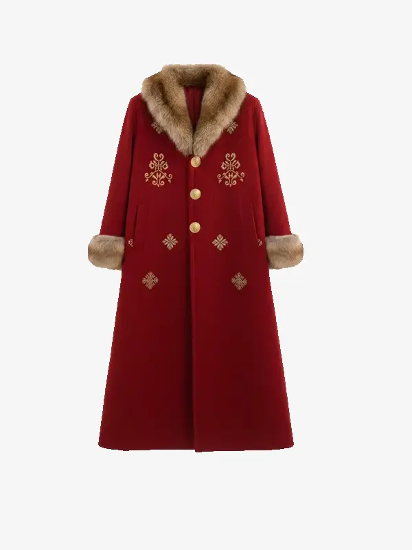 vChristmas Embroidery Santa Red OverCoat